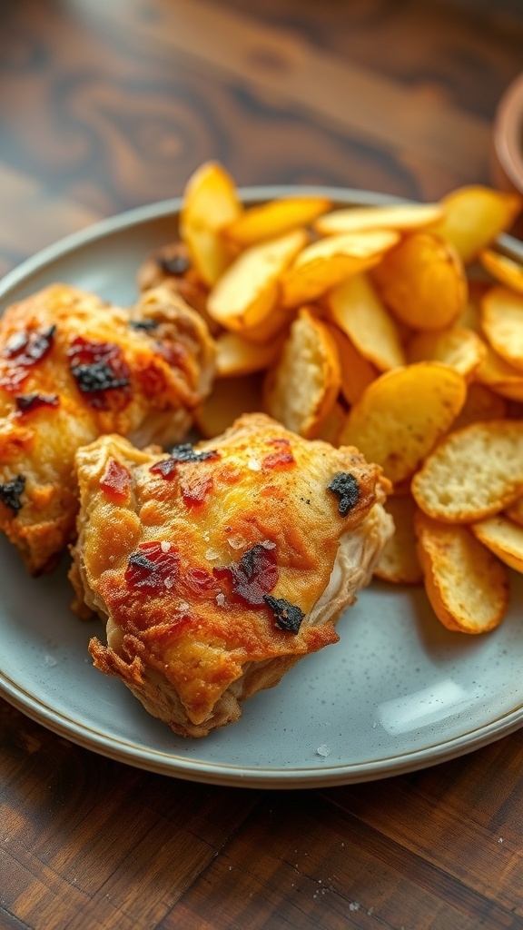 Crispy baked chicken thighs with homemade potato chips on a rustic wooden table.